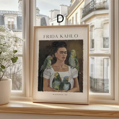 Produktbild von Frida Kahlo Kunst Poster · Geschenkidee · Selbstporträts Papageien Affen Mexikanische Ikonen · Dekoprint ohne Rahmen · Motiv D · 100 × 150 cm