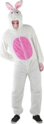 A person wearing a white bunny costume with a pink oval on the chest, standing against a white background.