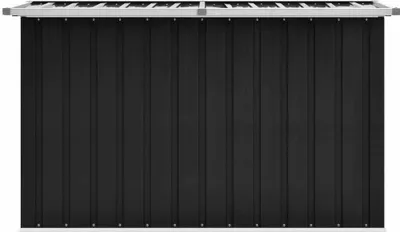 A front view of a black garden storage box with a gray roof.