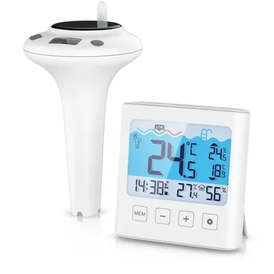 Produktbild von BEARWARE Poolthermometer mit Wetterstation, Schwimmthermometer, Funk, digital, Basisstation, USB-C-Ladekabel & Seil, Wassertemperatur, Luftfeuchte, Innentemperatur, Außentemperatur, Solar