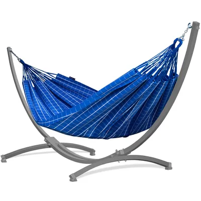 Produktbild von Potenza Outdoor Hängematte mit Verzinkter Gestell für 2 Personen I 100% Baumwolle Catargo Doppelhängematte XXL 220x160, 220kg I Grau Hängemattengestell 220kg, wetterfest