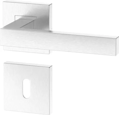 A stainless steel door handle and escutcheon plate are shown against a white background.