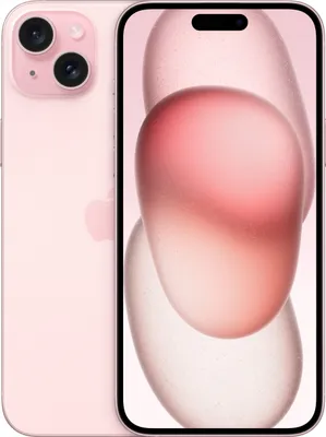 A pink iPhone 15 Plus is shown from the back and front.