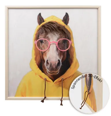 Produktbild von UNUS Wandbild 3D Wall Art Hairfusion Pferd mit gelben Hoodie und Brille 60x60