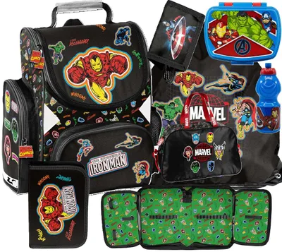 Immagine prodotto di Zaino ergonomico AVENGERS, set da 7 pezzi, zaino per la scuola, zaino a zaino per ragazzi, con il tema IRON MAN MARVEL