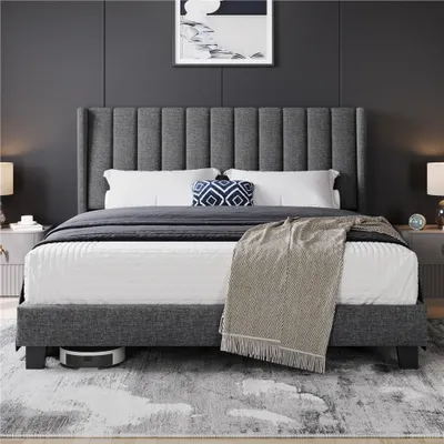 Produktbild von Yaheetech Polsterbett Bettrahmen Gepolstertes Bettgestell Stabiles Doppelbett Familienbett für Schlafzimmer Gästezimmer, 160 x 200 cm, Dunkelgrau