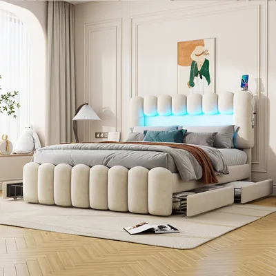 Produktbild von okwish Polsterbett 160×200 mit 4 Schubladen und USB, Jugendbett mit LED-Lichtleiste und Stauraum, Doppelbett in Beige,ohne Matratze