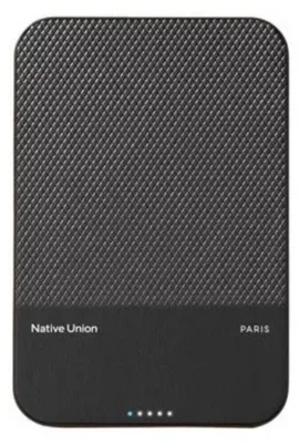 A black power bank with a textured top surface and a smooth bottom section with branding.