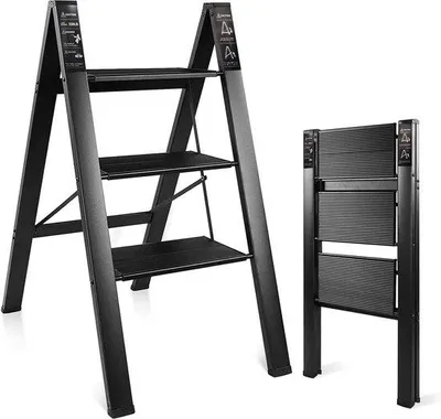 Image de Échelle à trois pieds, échelle coulissante pratique, larges marches, utilisable comme échelle ou comme plate-forme, capacité de charge de 150 kg, noire