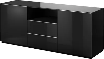 Produktbild von Furniture24 Kommode Helio 25 Sideboard 180X74X48 Cm 2 Türen 2 Schubladen Schwarz/Schwarzes Glass
