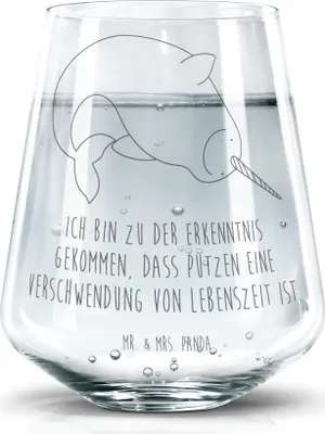 Produktbild von Mr. & Mrs. Panda Glas Narwal - Transparent - Geschenk, Becherglas, Tumbler, Kinderzimmer, Wal, Aufräumen, Trinkgefäß, Putzen, Hausfrau, Trinkglas, Wasserglas, Meer