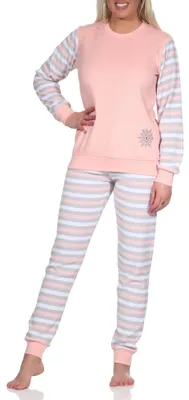 Produktbild von Geringelter Damen Frottee Schlafanzug langarm Pyjama mit Eiskristall ; rosa , 44-46