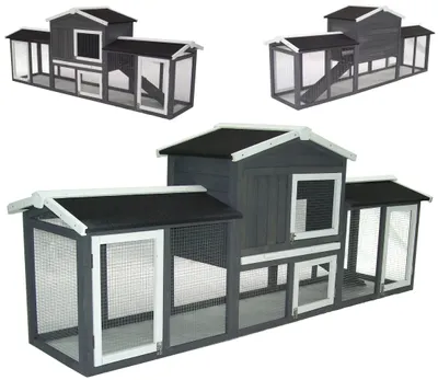 Three different views of a wooden rabbit hutch are shown against a white background.
