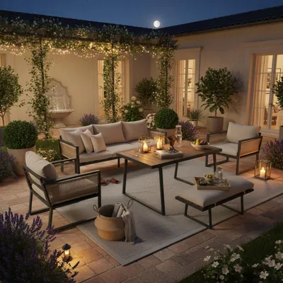 Produktbild von 5-teiliges Garten Loungesessel Set – 3er Sofa, 2 Sessel, Hocker & Esstisch, Kunststoffholz-Tischplatte, Seilarmlehnen, verzinkter Stahl, Beige