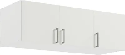 A white cabinet with two doors and silver handles, mounted on a wall.