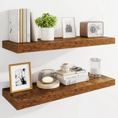 Immagine prodotto di Mensole a parete sospese, in legno con supporti invisibili, set da 2, colore marrone rustico, 76 cm