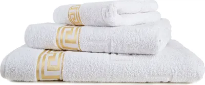 Produktbild von 3tlg. Luxus Medusa Saunatuch Badetuch Handtuch Set - Weiß - Frottee - Goldene Bordüre