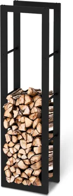 A black metal firewood rack filled with logs, shown against a white background.