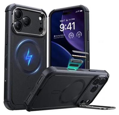 A product shot of a phone case with a phone inside, showing its features.