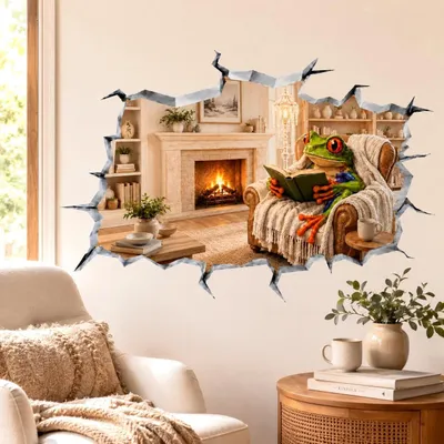 Image de Autocollant mural Decords – Grenouille souriante avec effet de percée murale en 3D, 180 cm