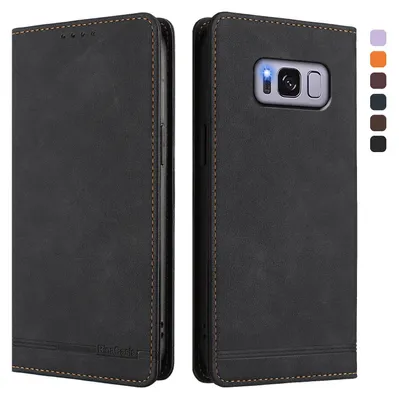 Image de Étui pour Samsung Galaxy S8, étui rétro en cuirPolyuréthaneavec support et fentes pour cartes de crédit Noir