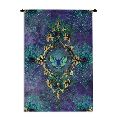 Produktbild von MuchoWow® Wandteppich Wandbehang Schmetterling - Pfauenfeder - Violett 90x135 cm Tapisserie Dekoration Wandtuch - Baumwolle - Wandskulptur