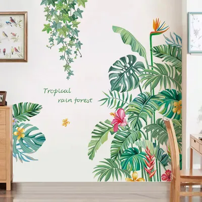 Produktbild von Set mit 2 Wandaufklebern mit grünen Pflanzen- und Blattmotiven, zum Abziehen und Aufkleben, zum Selbstaufhängen, mit Blumen, Schmetterlingen und Ranken.