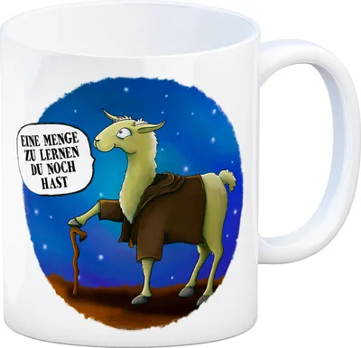 Produktbild von Kaffeebecher mit Lama Weltraummotiv und Spruch: Eine Menge zu lernen du noch