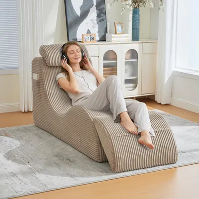 Image de LVHOM Chaise longue rembourrée avec coussins et repose-pieds amovibles, Chaise longue de relaxation avec poche latérale, Fauteuil de relaxation avec fonction de sommeil, tissu velours côtelé, Kaki