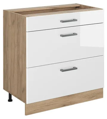 Imagen del producto de Mueble bajo de cocina Vicco R-Line Blanco alto brillo/Roble dorado 80 cm con 3 cajones sin encimera, Model 72463