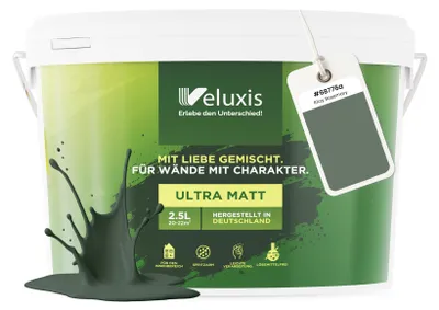 Produktbild von Wandfarbe Grün Grau Salbeigrün Matt Innenfarbe – Deckkraft Klasse 1, VOC-frei, Ohne Grundierung, Tropfarm – Wohnzimmer & Schlafzimmer – 2,5L – Veluxis (Ritzy Rosemary)