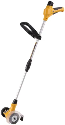 A cordless weed trimmer with a brush attachment, shown against a white background.