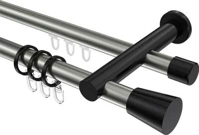 Produktbild von Interdeco Rundrohr-Innenlaufstange / Gardinenstange (Kombination) Edelstahl-Optik / Schwarz, Typ Platon Sitra (Konus), 20 mm Ø 2-läufig, 180 cm