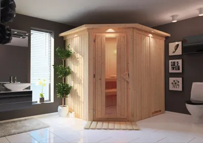 Produktbild von Karibu Sauna Innensauna Siirin Eckeinstieg ohne Zubehör 210x184x202 cm mit Dachkranz mit Energiespartür