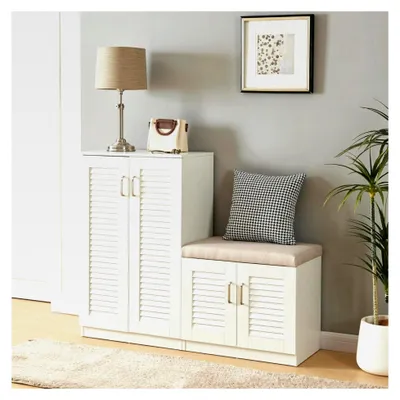 Produktbild von Schuhschrank Løten mit 4 Türen und 9 Ablagen, Schuhablage 120 x 36 x 97 cm für bis zu 18 Paar Schuhe mit gepolsterter Sitzbank, Schuhaufbewahrung in Weiß
