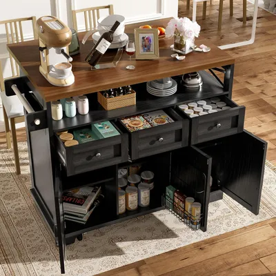 Obrázok produktu pre Kuchynský ostrov s pracovnou doskou, rozmer 118x43x98 cm, kuchynský vozík na kolieskach, 3 zásuvky, držiak na občerstvenie, držiak na utierky, čierna farba