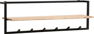 Wandgarderobe Akazie Massivholz mit Baumkante in Gesamtansicht, schwarzer Metallrahmen mit Holzablage und sechs Haken.