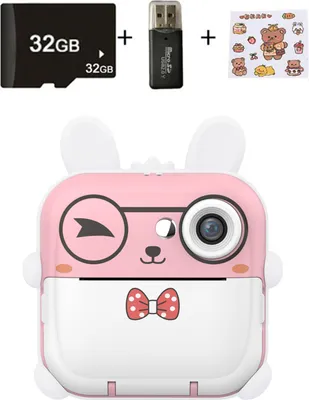 Obrázok produktu pre Mini kamera Q5 HD, digitálna kamera s termotlačou pre deti,  v ružovej farbe, vysokorýchlostná karta 32 GB + čítačka kariet + nálepky s rozprávkovými motívmi