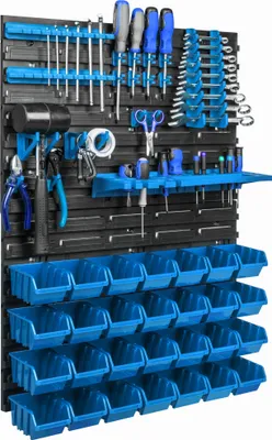 Immagine prodotto di Pannello porta attrezzi da appendere 58x78cm con 28 pezzi. Scatole blu montate a parete con set di supporti in plastica