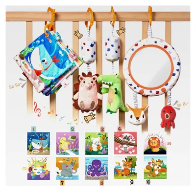 Produktbild von Babyspielzeug mit Rassel, Spiegel, Knistertuchbuch, sensorisches Spielzeug für Kinderwagen, Kinderbett, Autositz und Bauchlage, Geschenk für Babys von 0-12 Monaten