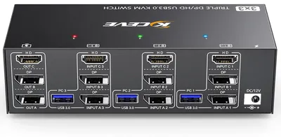 Zdjęcie produktu dla Przełącznik KVM obsługujący 3 komputery, 3 monitory, rozdzielczość 8K przy 60 Hz, z interfejsami HDMI i 2 DisplayPort