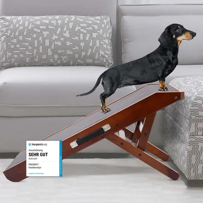 Produktbild von Hunderampe - Hundetreppe für kleine Hunde und große Hunde - Einstellbar 18 - 53 cm - Für Bett,Sofa - Birkenholz - Landeplattform schließt nahtlos an - Rampe Hund Klappbar - Anti-rutsch Einsatz Braun