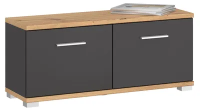 Produktbild von Sitzbank BILBAO mit 2 Türen & 4 Fächern in Artisan Eiche/Kosmos Grau, belastbar bis 100 kg Schuhregal mit Sitzfläche Schuhbank Garderobenbank Flurmöbel