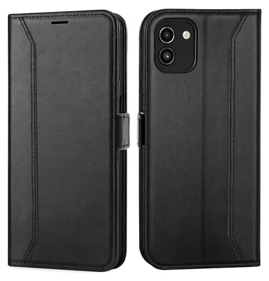 A black leather flip case for a smartphone is shown from the front and back.