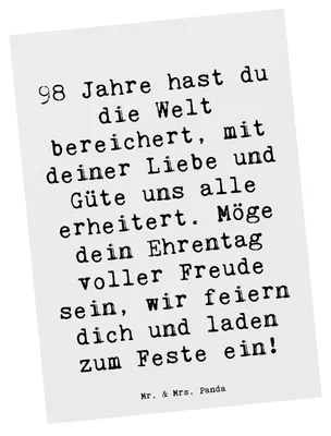 Produktbild von Mr. & Mrs. Panda Postkarte Spruch 98. Geburtstag - Weiß - Geschenk, Happy Birthday, besondere Anlässe, Ehrentag 98 Jahre, Ansichtskarten, Freude, Postkarten, Grußkarte