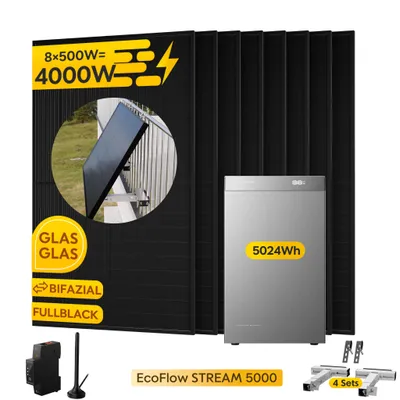 Produktbild von Powerness Balkonkraftwerk mit Speicher: EcoFlow STREAM 5000 Speicher 5024Wh & 8x 500W Module & Smart Meter & 8 x Balkon-Halterung 0% VAT