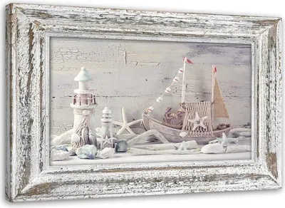 Produktbild von Leinwandbild souvenirs aus dem meer shabby chic 90x60 cm Feeby beige wandbild bereit zum aufhängen
