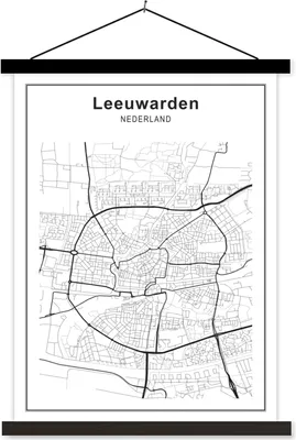 Produktbild von MuchoWow® Textilposter Stadtplan - Leeuwarden - Schwarz und weiß 60x80 cm mit schwarzem Rahmen - Plakathalter