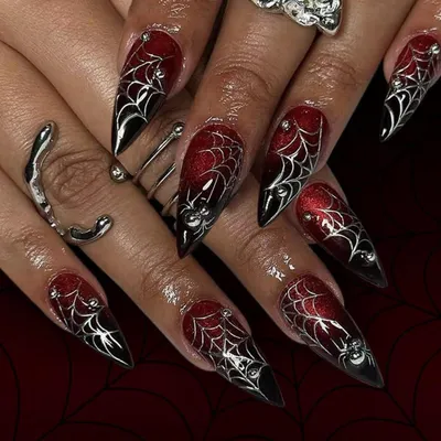 Immagine prodotto di Unghie finte a stiletto, tema Halloween, sfumatura rossa e nera, motivo ragno, decorazioni 3D argento, ragno in cristallo, stile horror, gotico, con colla per unghie