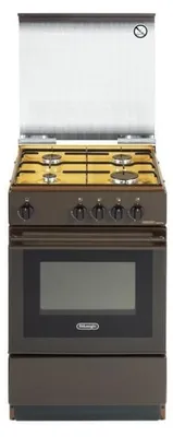 A freestanding gas stove with a gas hob and an oven, shown from the front with the glass lid open.